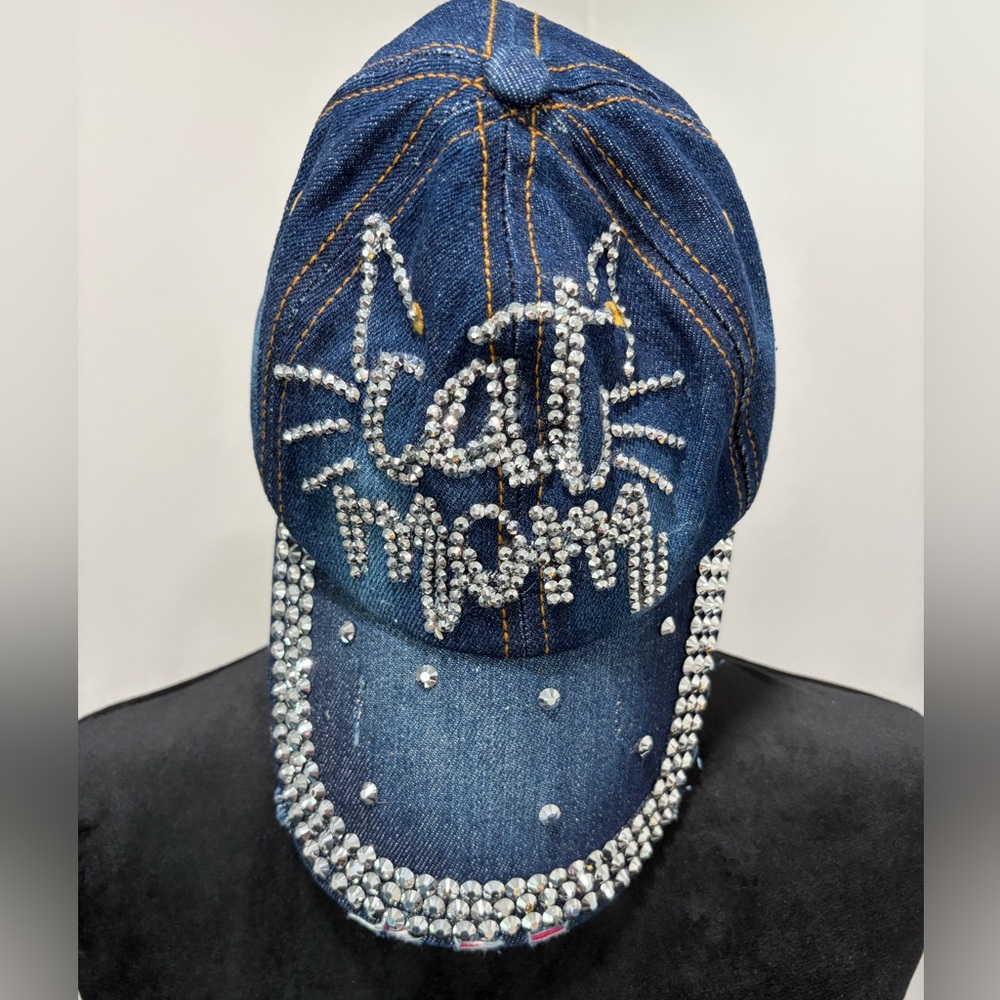 Denim Cat Mom Rhinestone Cap
